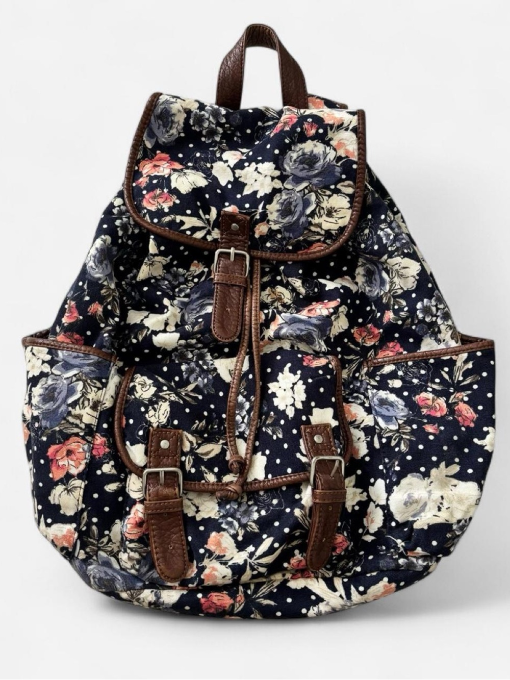 Aeropostale Navy Floral Backpack with Brown Leather Straps